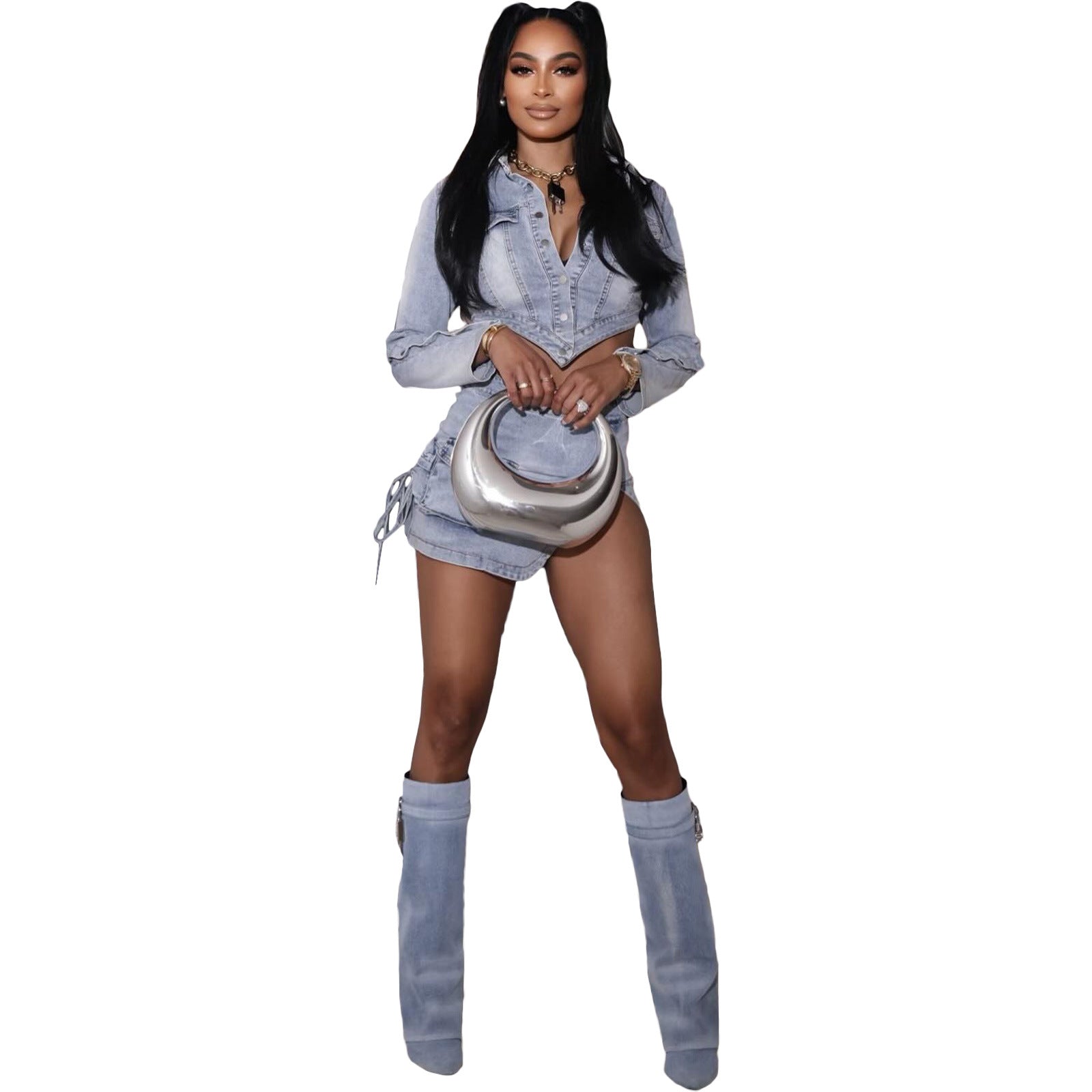 Women Washed Button Zipper Straps Irregular Top and Slit Cargo Denim Skirt Two-piece Set 4