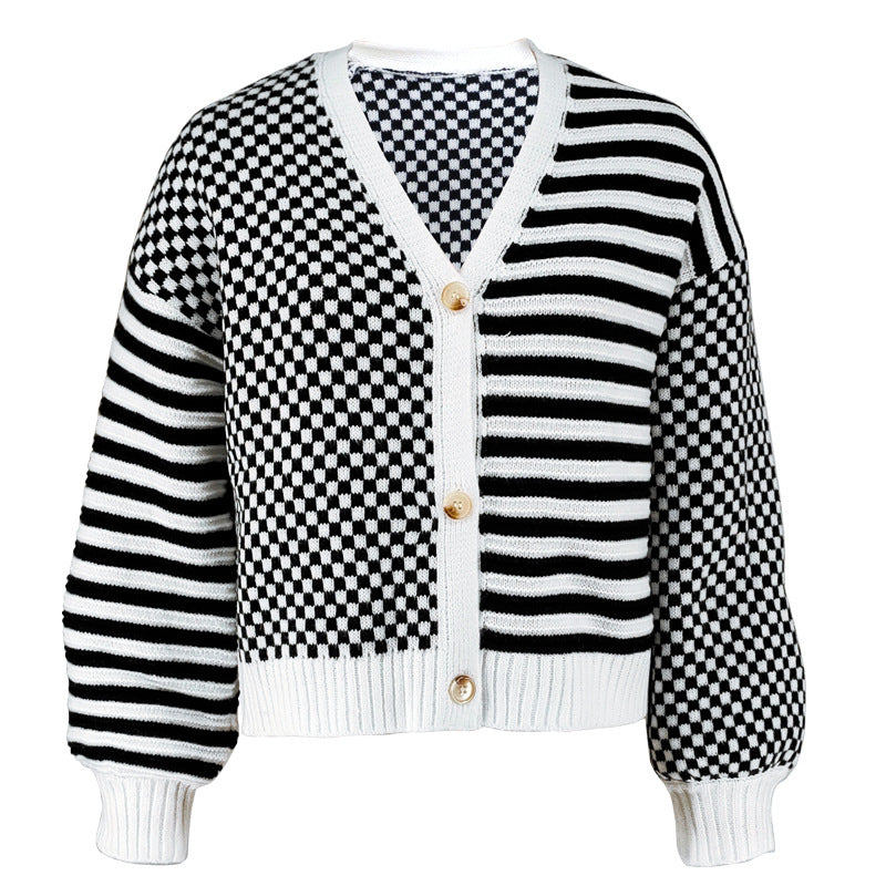 Autumn And Winter Sweater Women's Plaid Patchwork Striped Knitting Coat 9