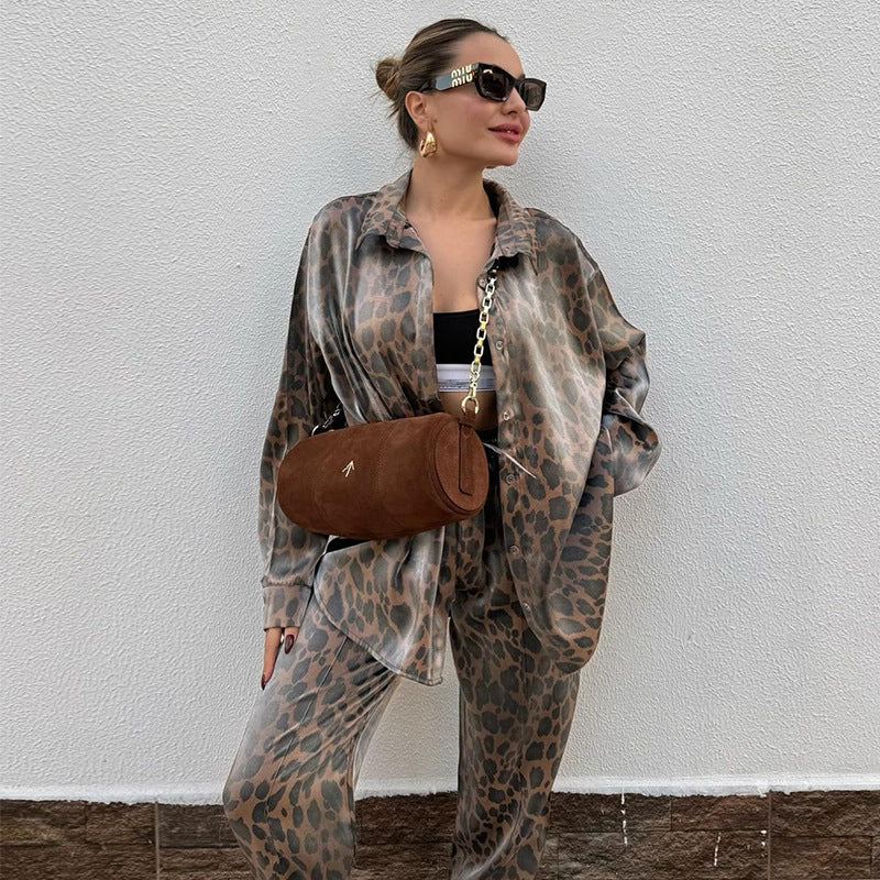 Women Casual leopard print shirt and Pants two-piece set 4