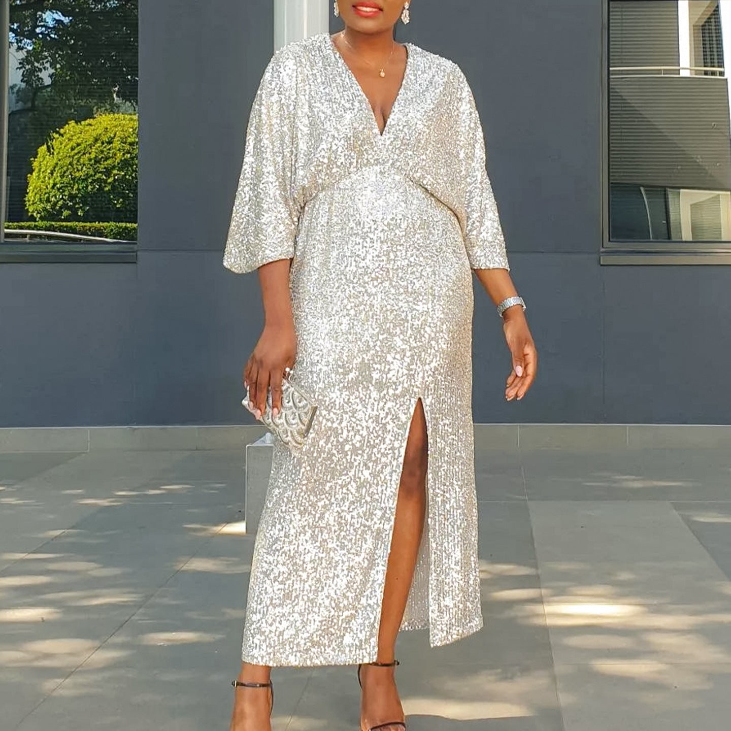 Plus Size Women Autumn V-Neck Sequin Slit Dress