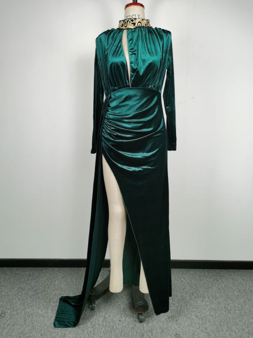 Autumn Winter Women clothes Velvet High Neck Sexy Hollow Out Slit Evening Dress 12