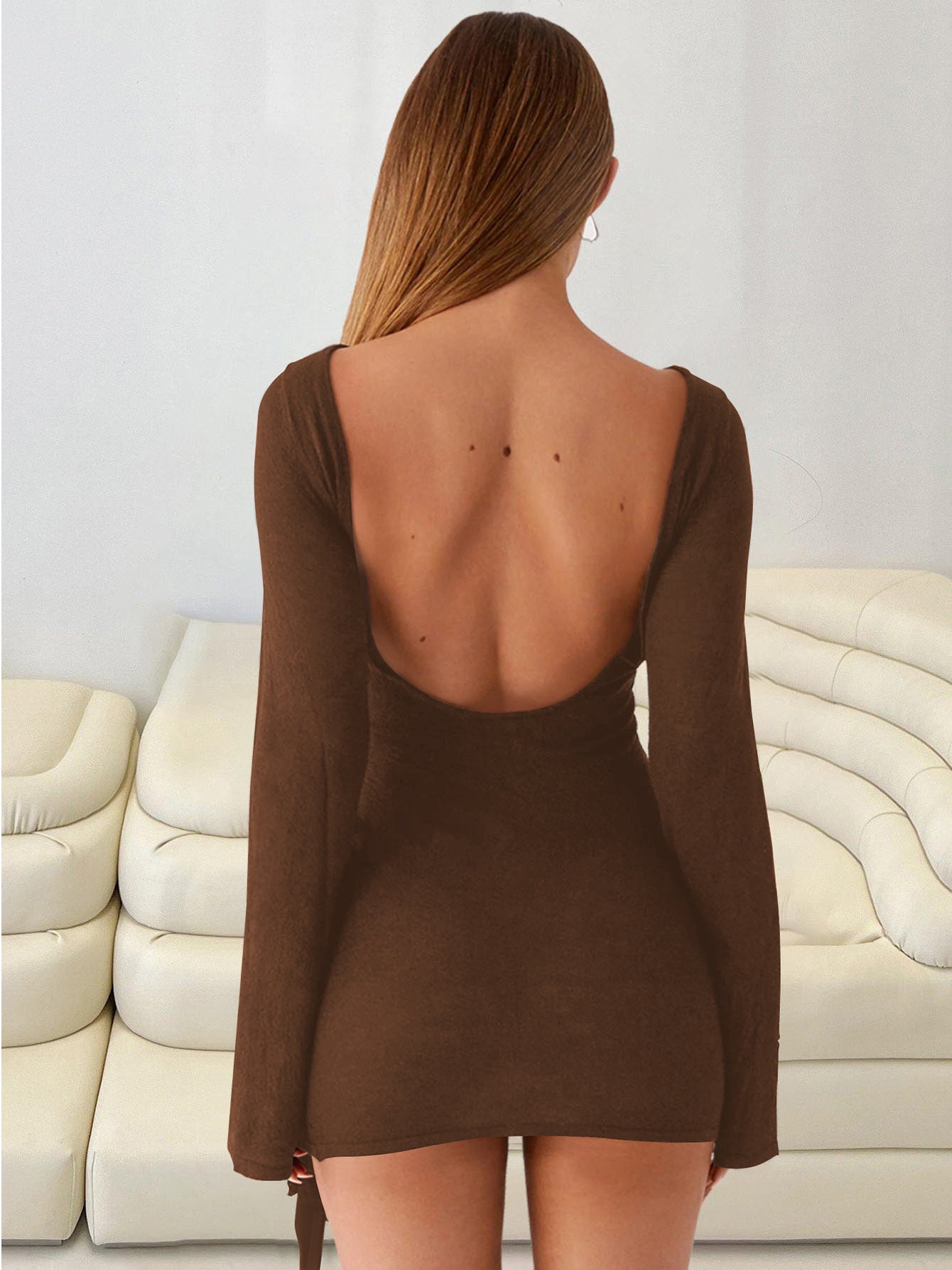 Women Autumn Sexy Solid Backless Long-Sleeved Ribbon Dress 7
