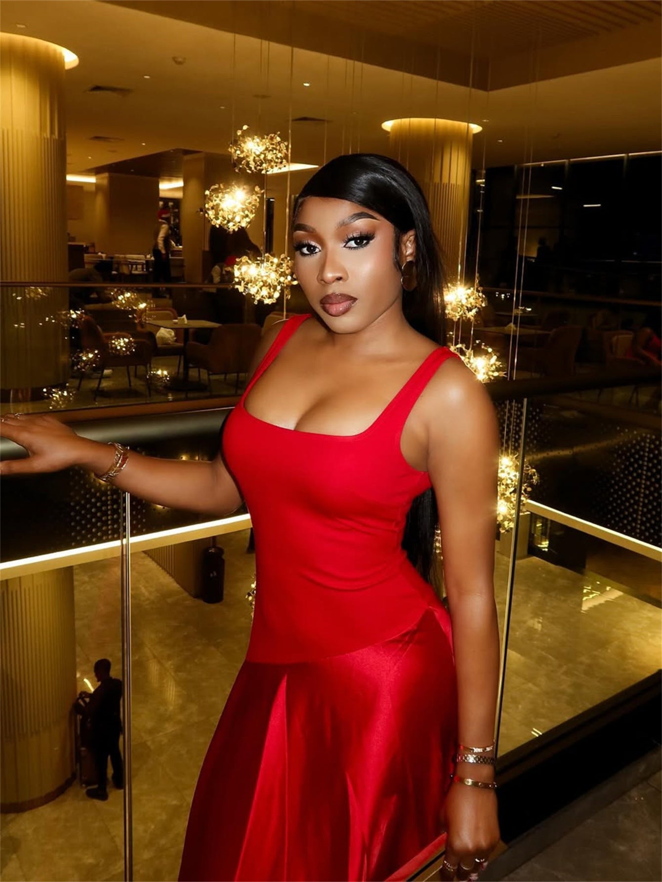 Women Formal Party Sexy Solid U-Neck Patchwork Maxi Dress 6