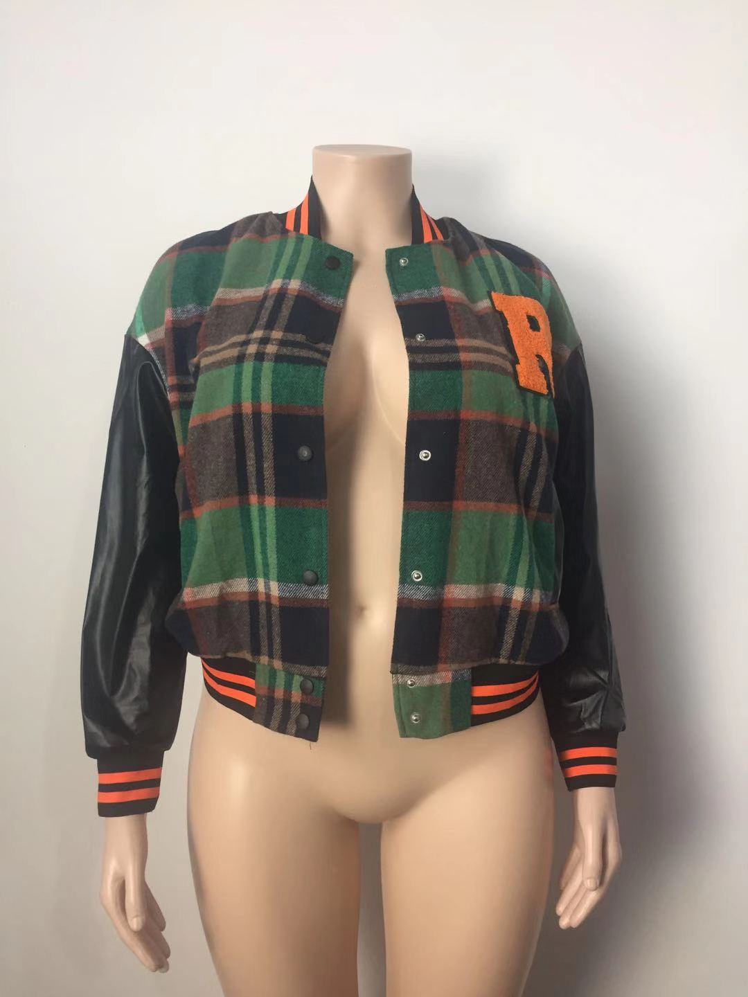 Fall Winter Plus Size Women's Casual Embroidered Ribbed Pu Patchwork Baseball Jacket 12