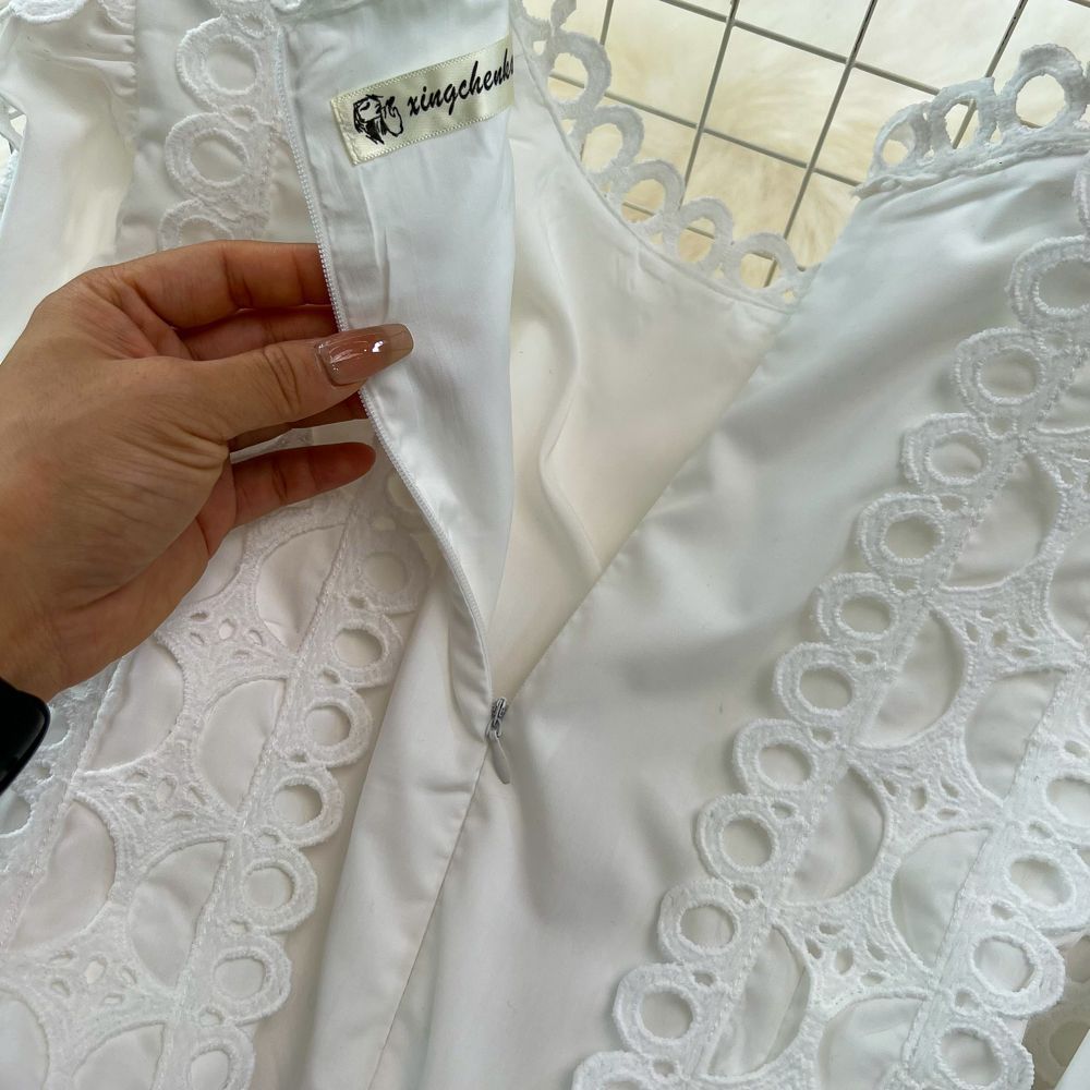 Spring Autumn Retro Chic Lantern Long Sleeve Lace Hollow Patchwork Round Neck Slim Waist Casual Dress 30