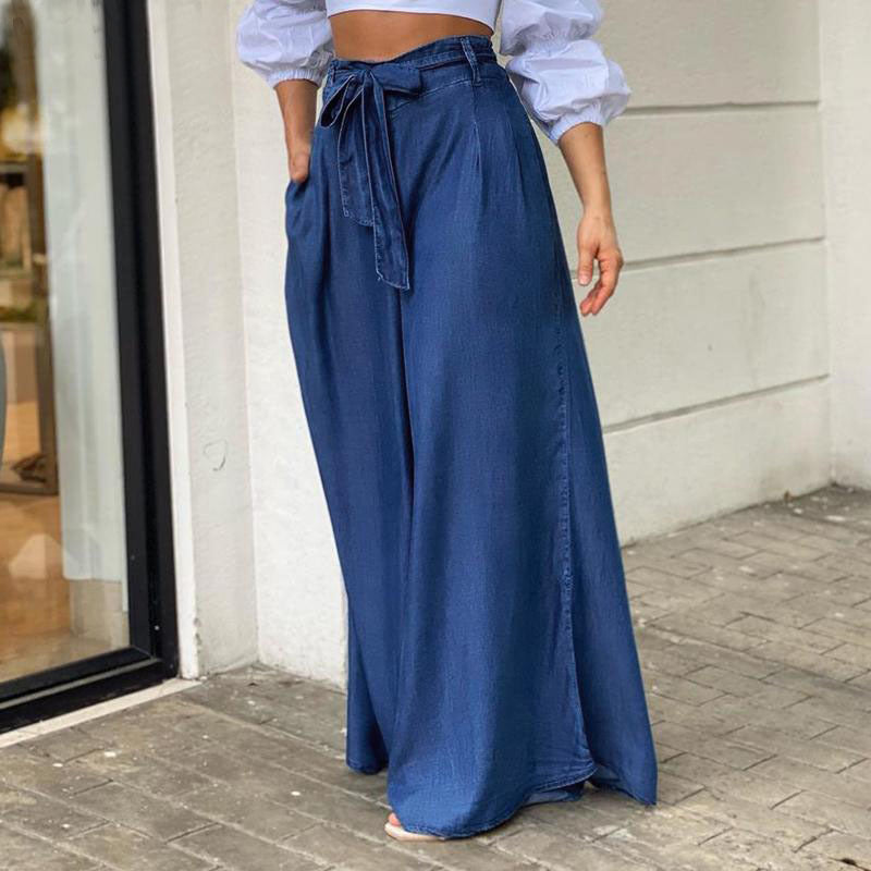 Plus Size Women Casual Denim Strappy High Waisted Wide Leg Pants 4