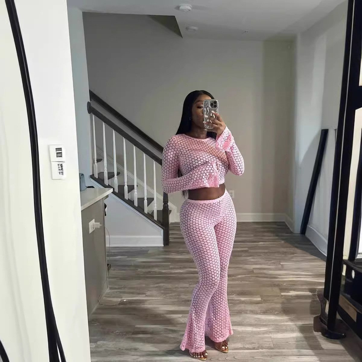 Women's Sexy Lace Ripped See-Through Crop Top High-Waist Long Pants Set 4