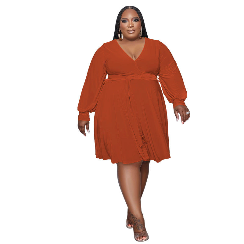 Women's Solid Color Cross V-Neck Belt Loose Knitting Plus Size Dress 8