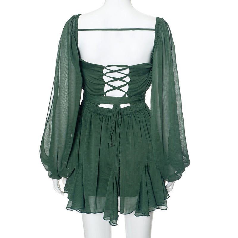 Women Summer Solid Casual Mesh Long Sleeve Lace-Up Backless Mini Dress 12