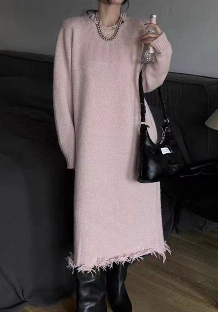 Long Ripped Raw Edge Knitting Dress Women's Autumn And Winter Loose Long Sleeve Basic Shirt