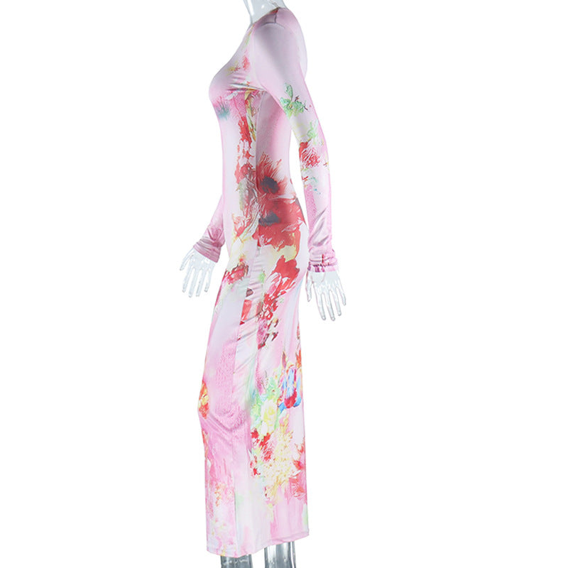 Women Printed Round Neck Long Sleeve Bodycon Maxi Dress 12