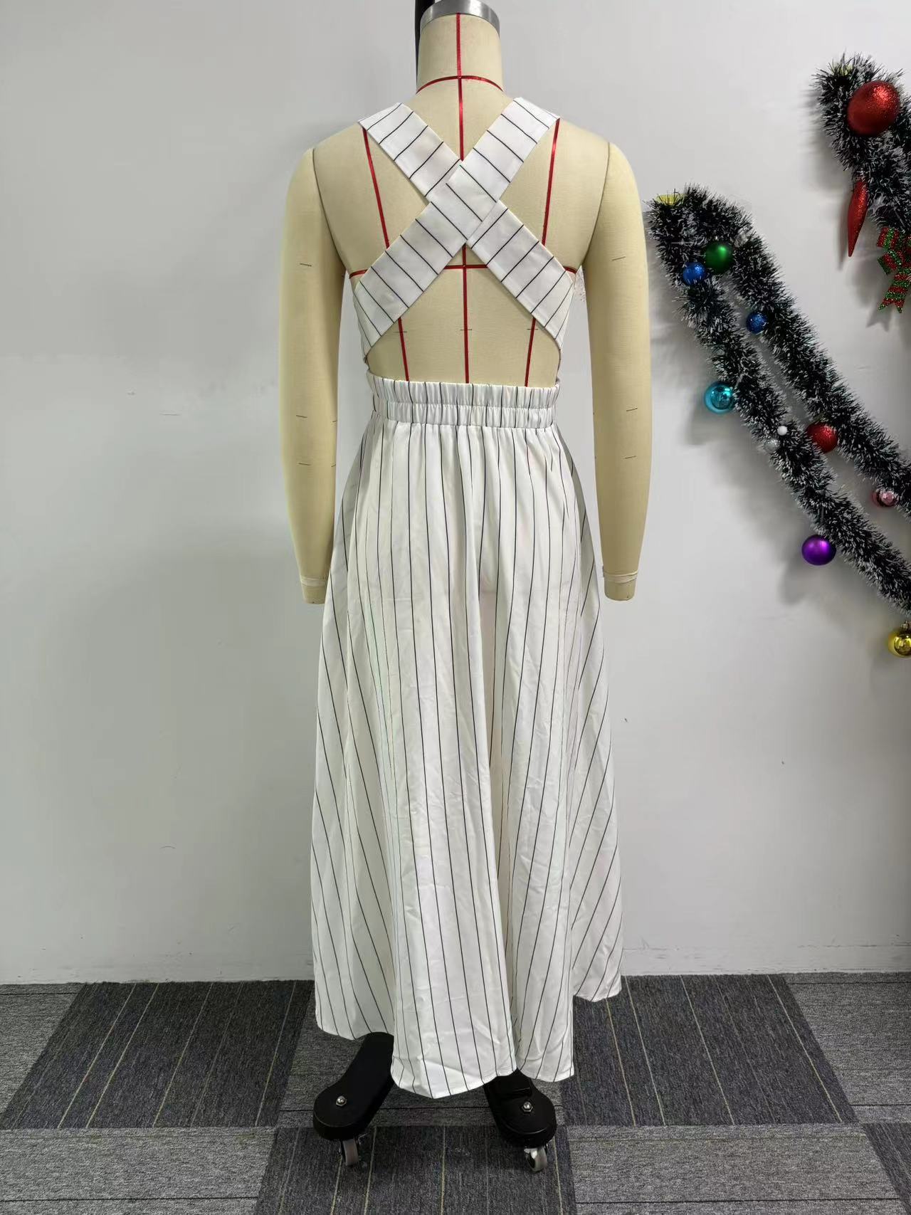 Women Striped Round Neck Sleeveless Backless Cross Straps Dress 8