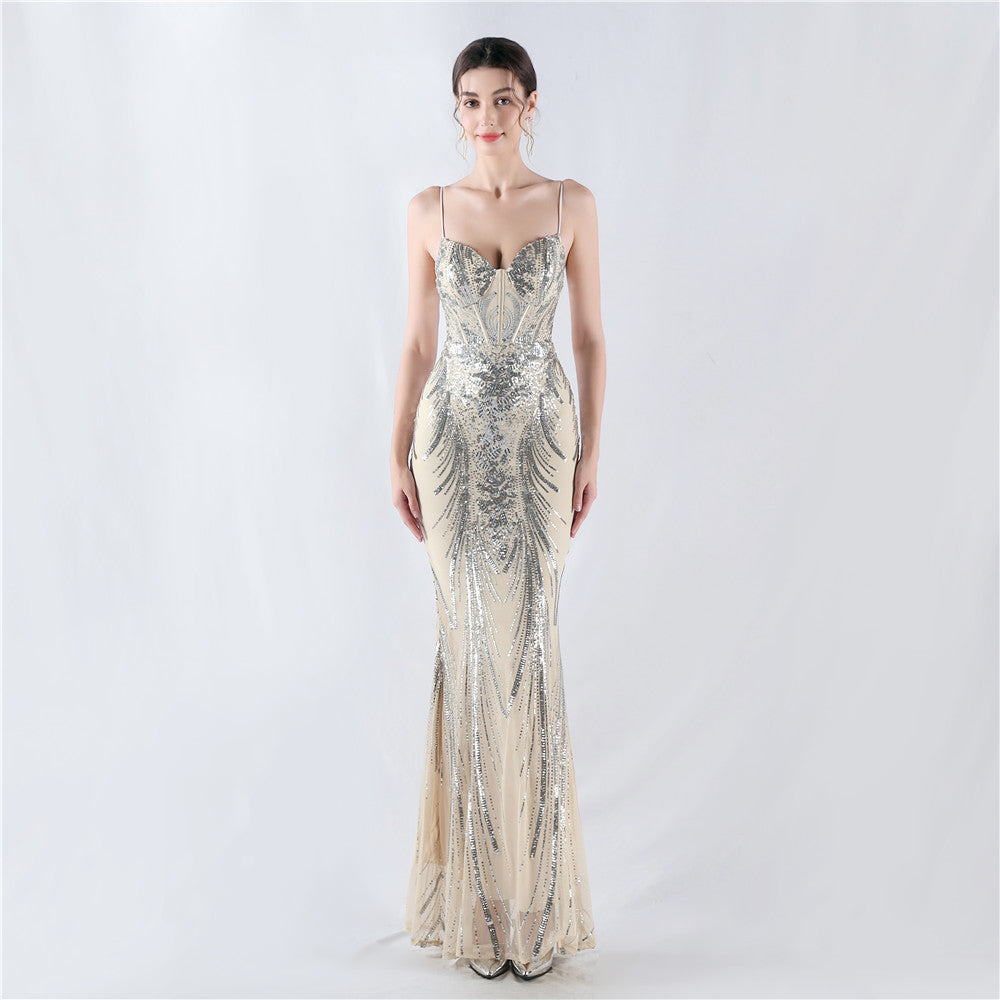Women Fishbone Sequin Positioning Flower Evening Dress 18