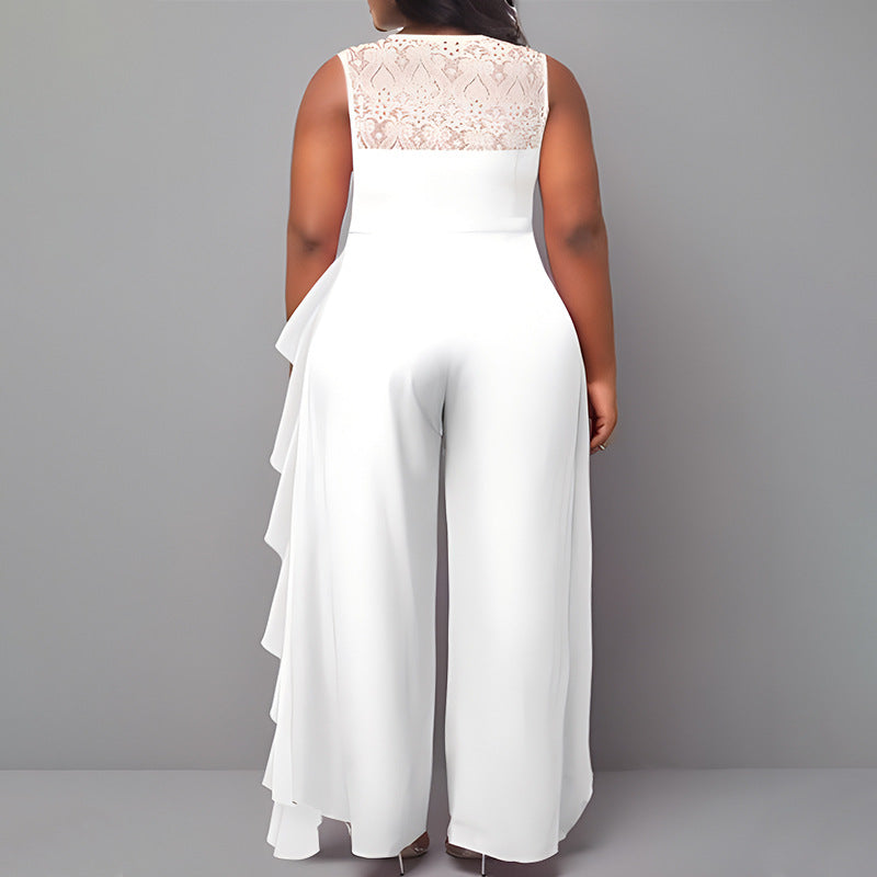 Plus Size Women Solid Career Lace  Loose Jumpsuit 5