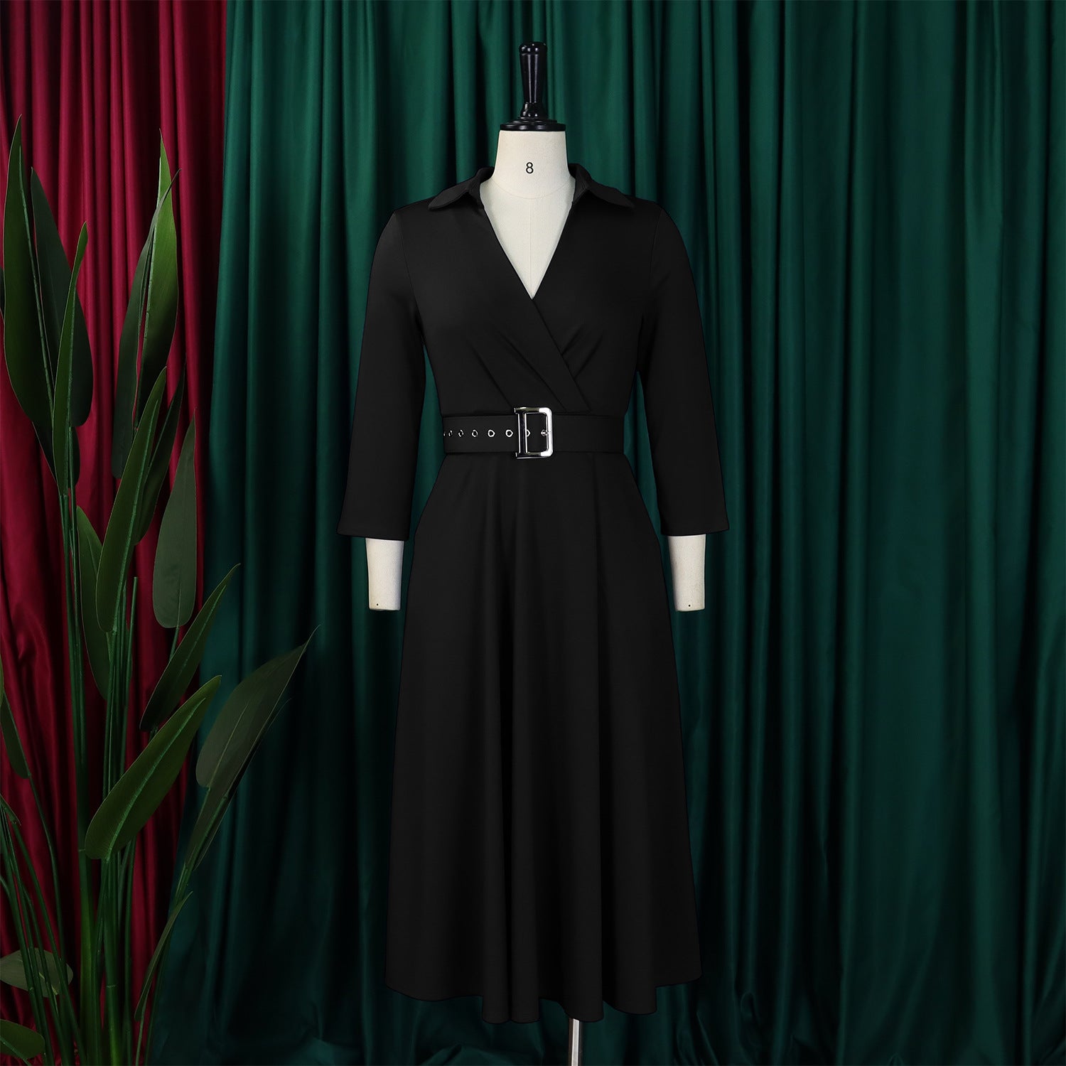 Plus Size Women Autumn Turndown Collar Solid Dress 17