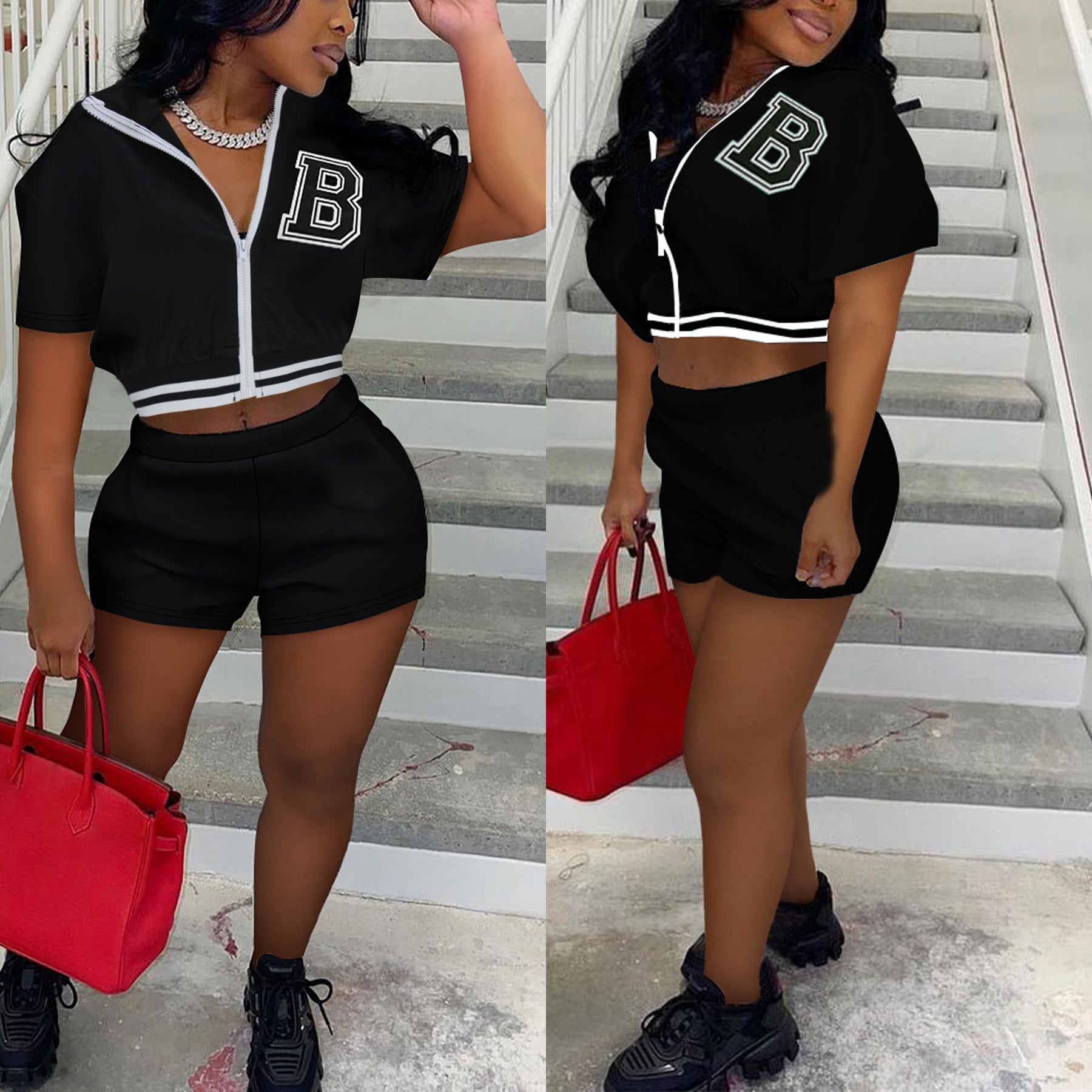Women Summer Solid Zipper Print Top and Shorts Casual Two-piece Set