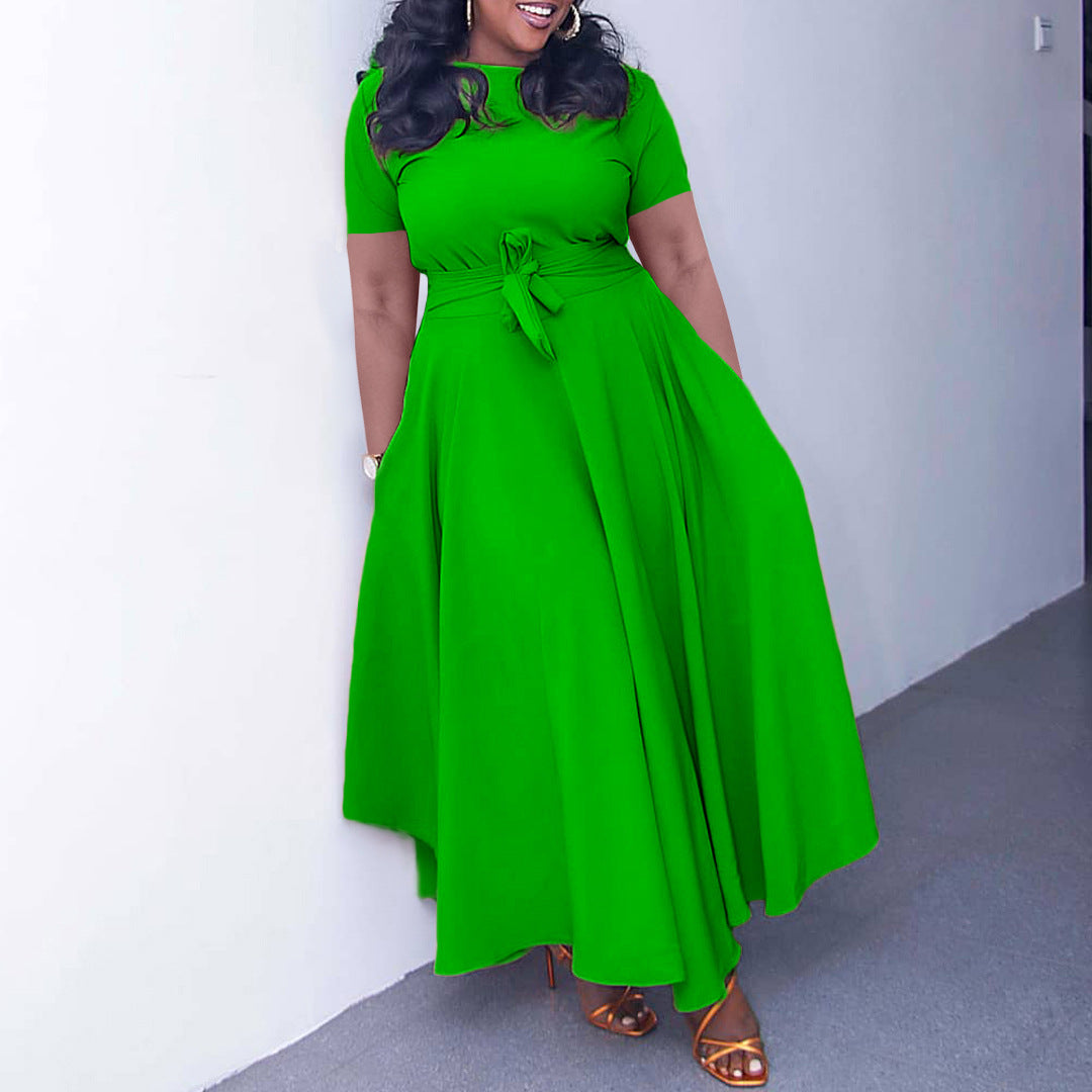 Women'S Summer Fashion Chic Solid Short Sleeve A-Line Africa Plus Size Dress 7