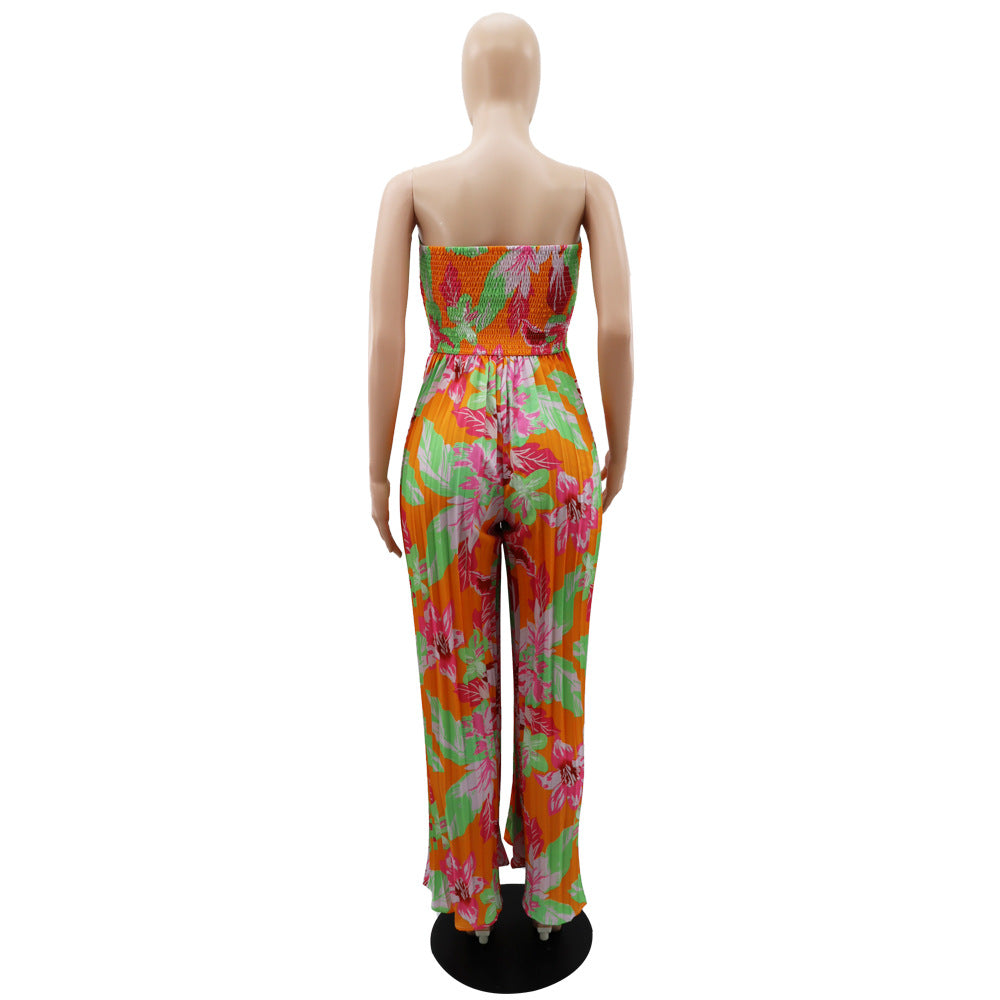 Women Summer Off Shoulder Print Pleated Jumpsuit 11