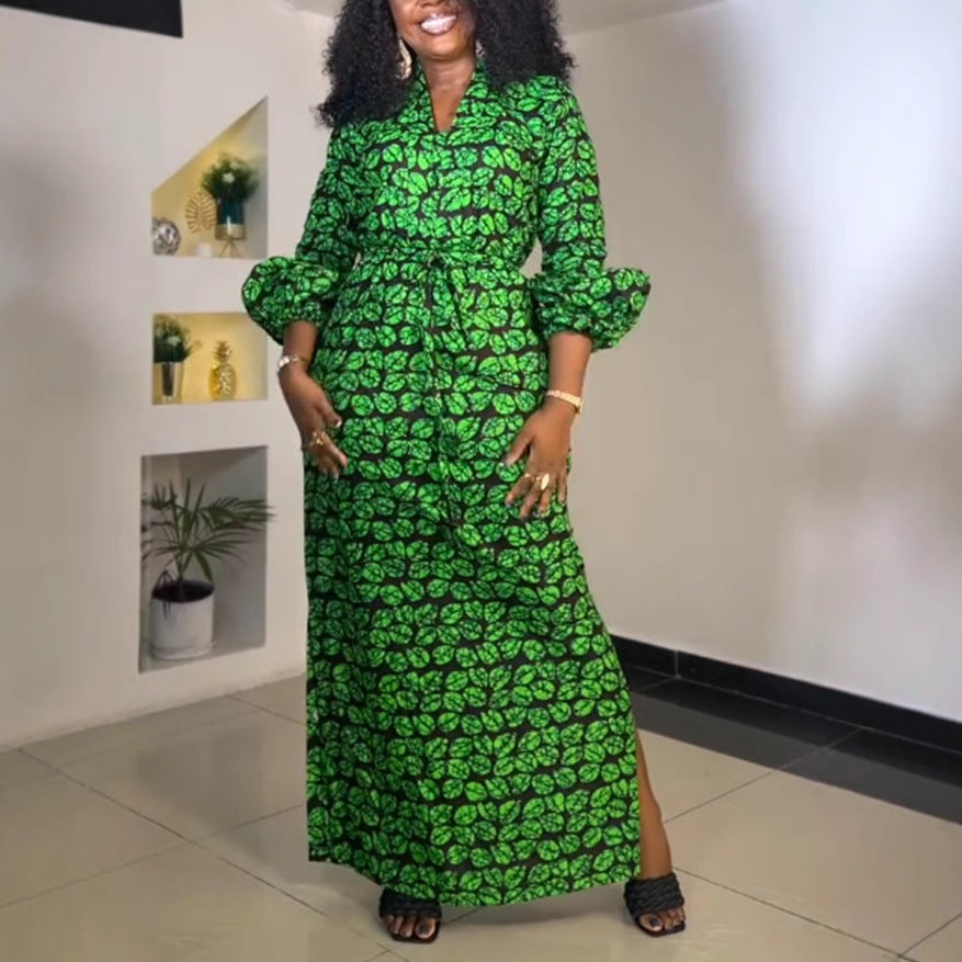 Sexy Print Drawstring Slim Waist Slit Dress