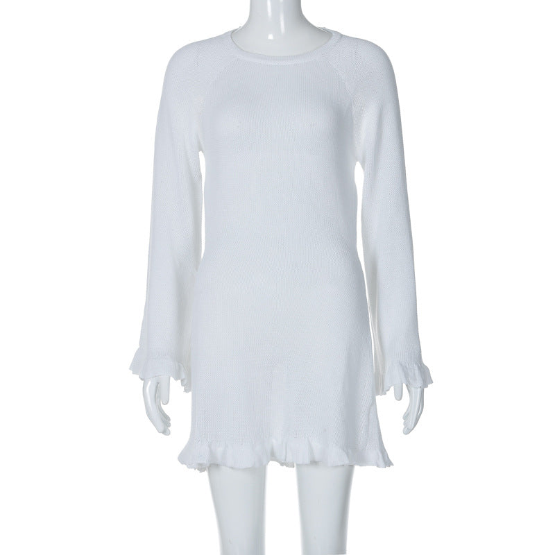 Winter Sexy Knitting Tie Low Back Bell Bottom Long Sleeve Solid Color Dress 23