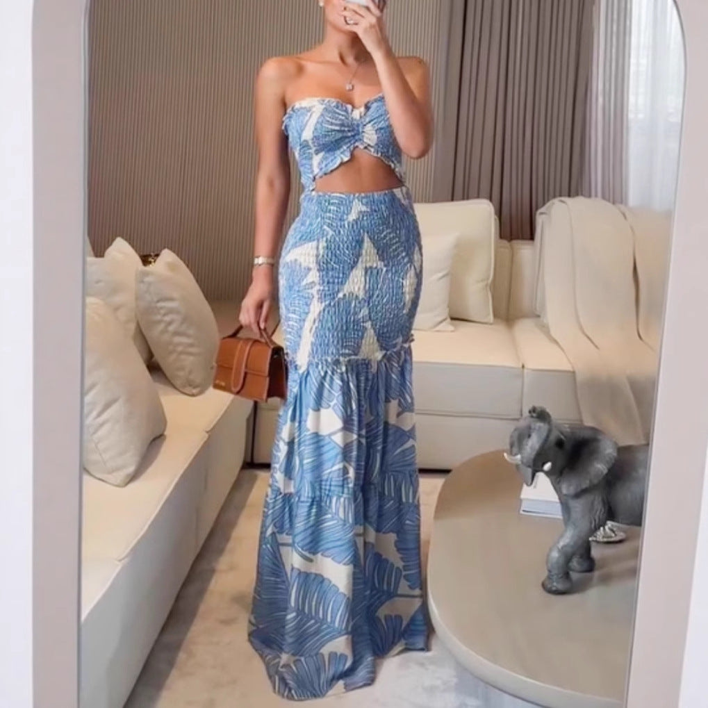 Women spring summer Halter Neck printed pleated casual lace Holidays dress