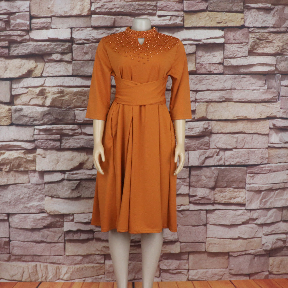 Women African Elegant Stand Collar Beaded Belt Pocket Dress 11