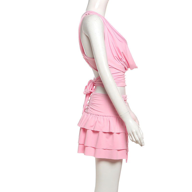 Summer Sweet Chic Sleeveless Low-Cut Swaying Neck Pleated Cascading Ruffles Skirt Set 7