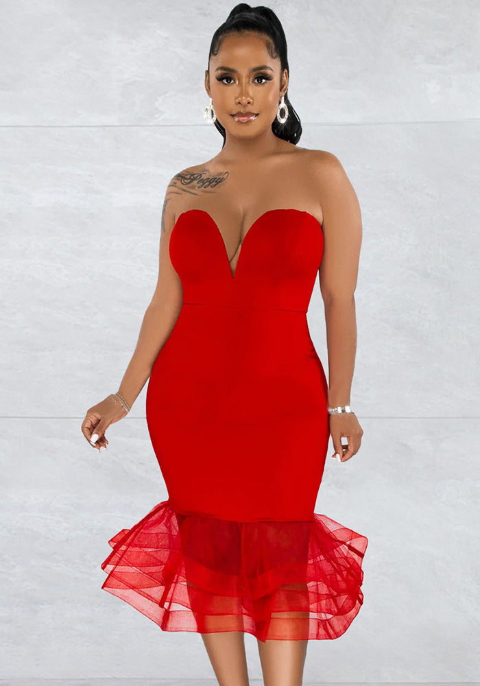 Women's Solid Color Sexy Strapless See-Through Mesh Bodycon Dress