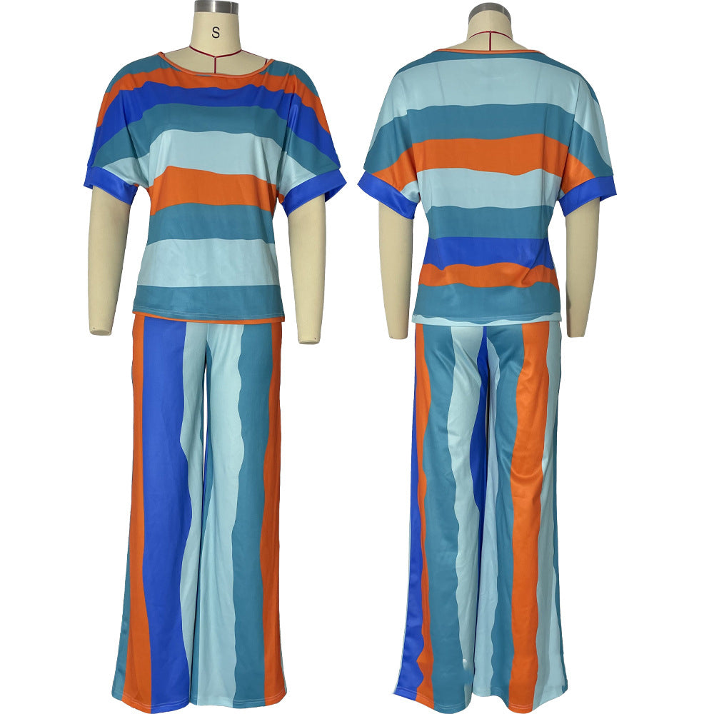 Stripe Printed Short Sleeve Loose Casual Two-Piece Pants Set 9