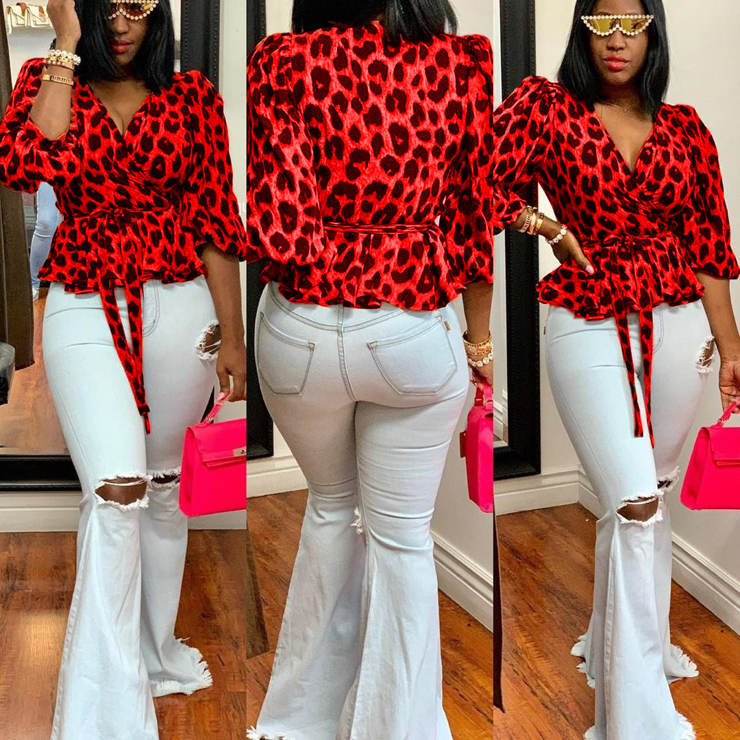 Women Casual Leopard V-neck Lace-Up Top 3