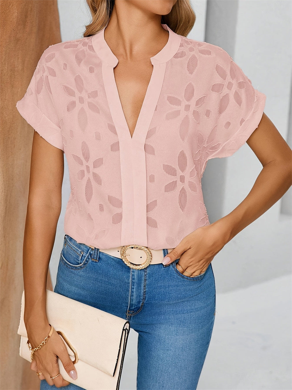 Women summer lace v-neck shirt 3