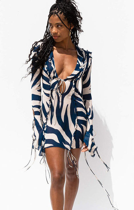 Women's Fall Winter Sexy V-Neck Long Sleeve Chic Stripe Lace-Up Dress 4