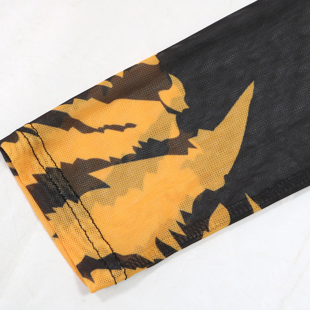 Women Fashion Round Neck See-Through Print Mesh Dress 12