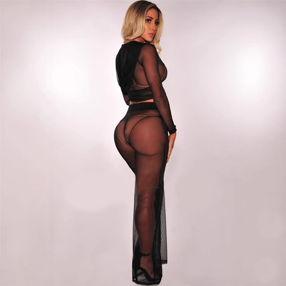 Summer Sexy Long Sleeve See-Through Mesh Hooded Zip-Up Top & Straight Pants Two-Piece Set 4