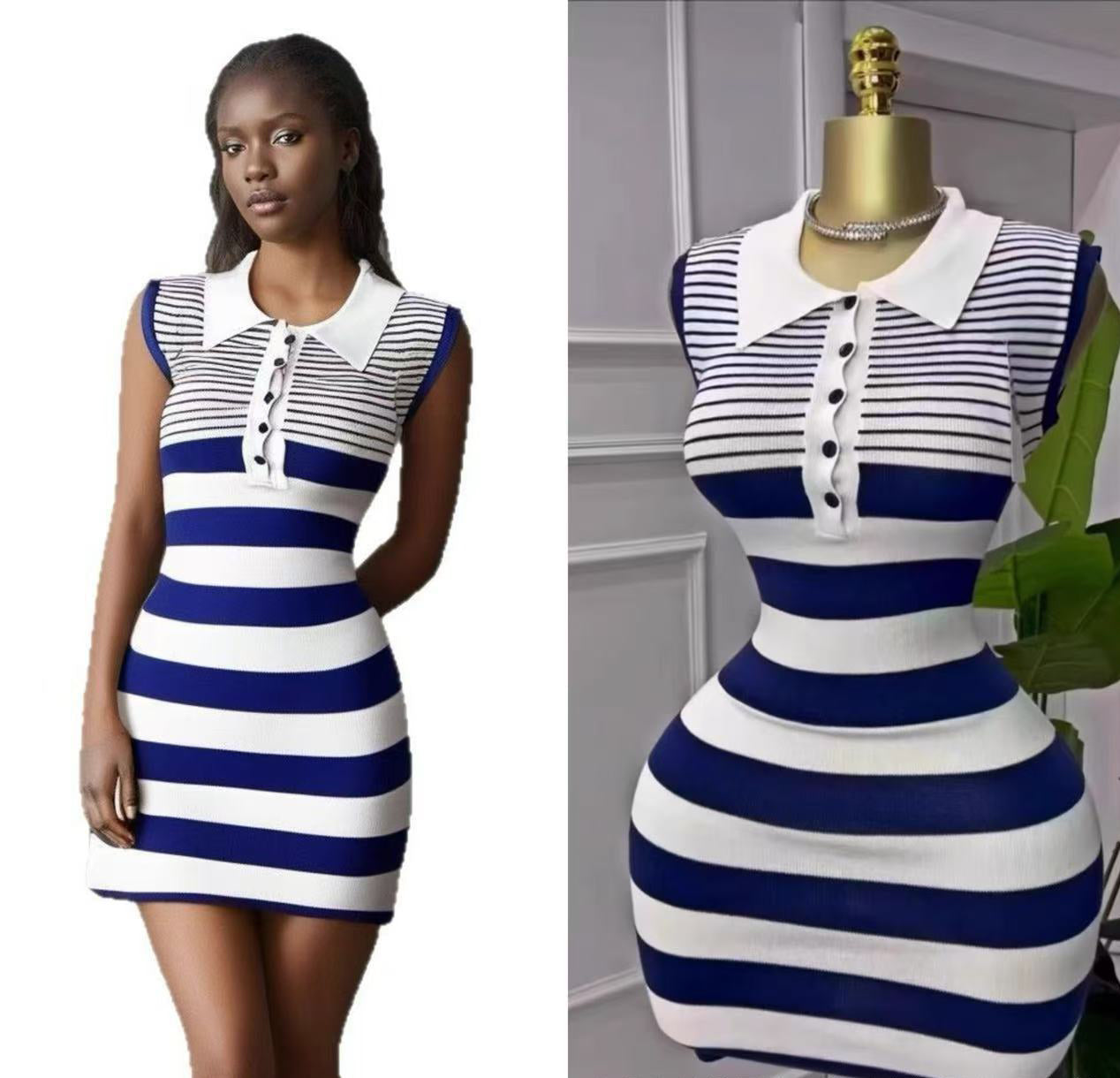 Women's Chic Fashion Striped Turndown Collar Sleeveless Slim Knit Dress 4