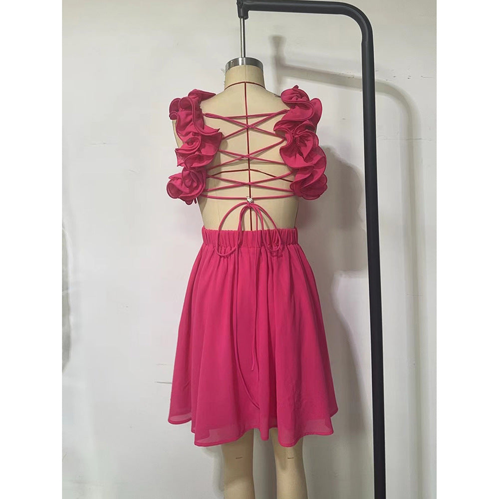 Women summer hollow lace suspender backless dress 8