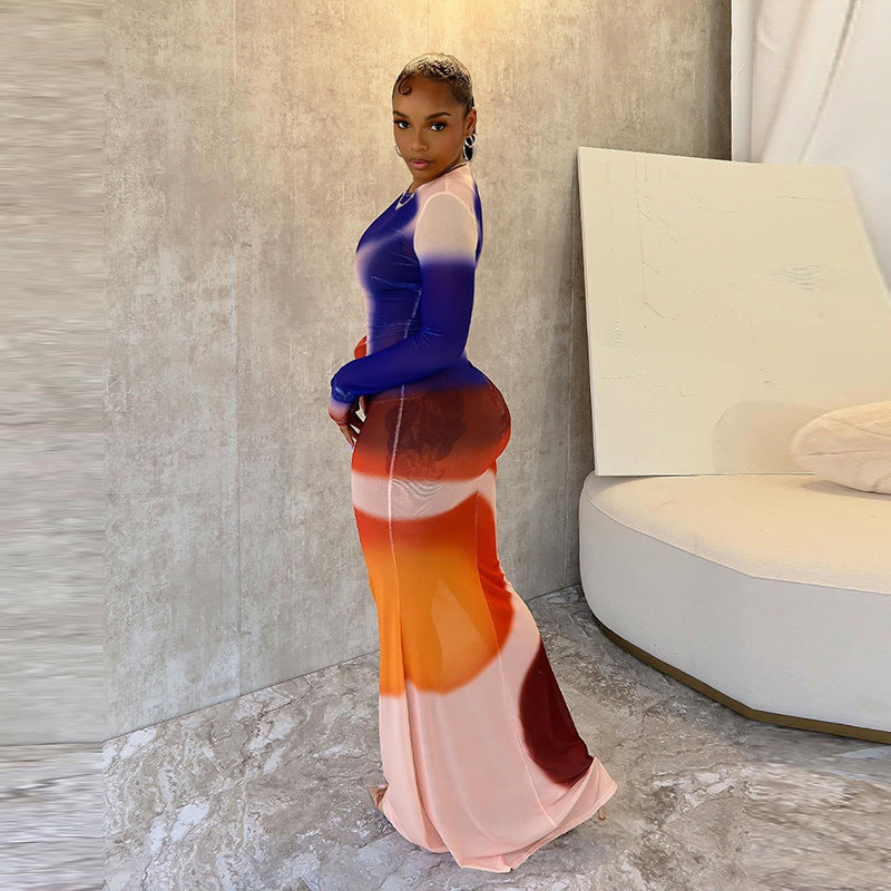 Women Printed Contrast Round Neck Long Sleeve Bodycon Dress 5