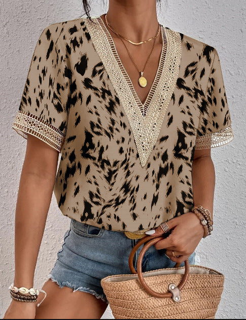 Women's V-Neck Lace Loose Blouse Chic Career Short Sleeve Women's Shirt 16