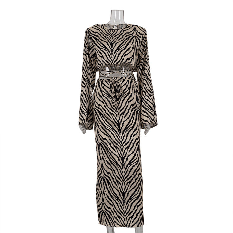 Long-Sleeved Zebra Stripes Crop Top High-Waist Fishtail Skirt Two-Piece Set Women's Clothing 7