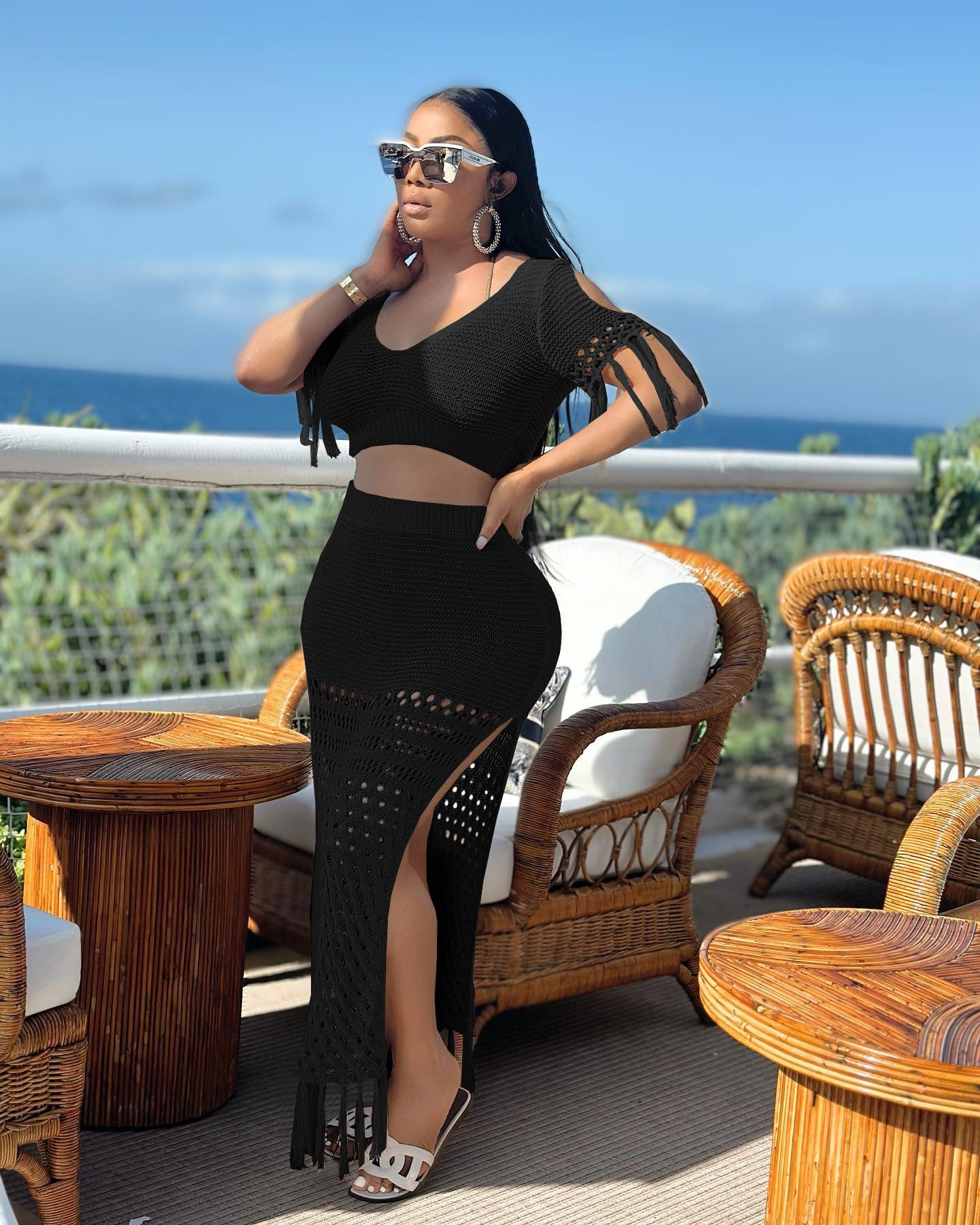 Ladies Casual Sexy Split Woolen Crochet Knitting Tassel Two-Piece Set 5