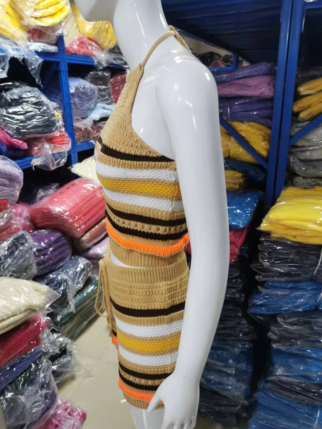 Summer Women Backless Halter Neck Top Sweater and Shorts Two-piece Set 15