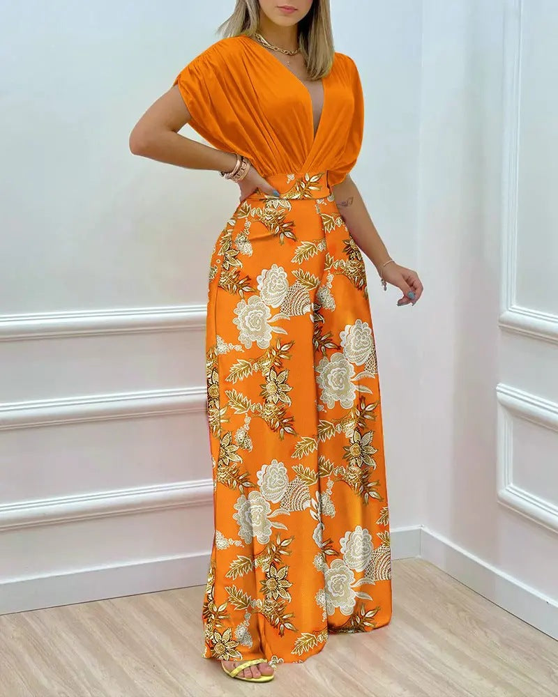 Women's Spring Summer Solid Bat Sleeves Top Print Wide Leg Pants Two-Piece Set 8