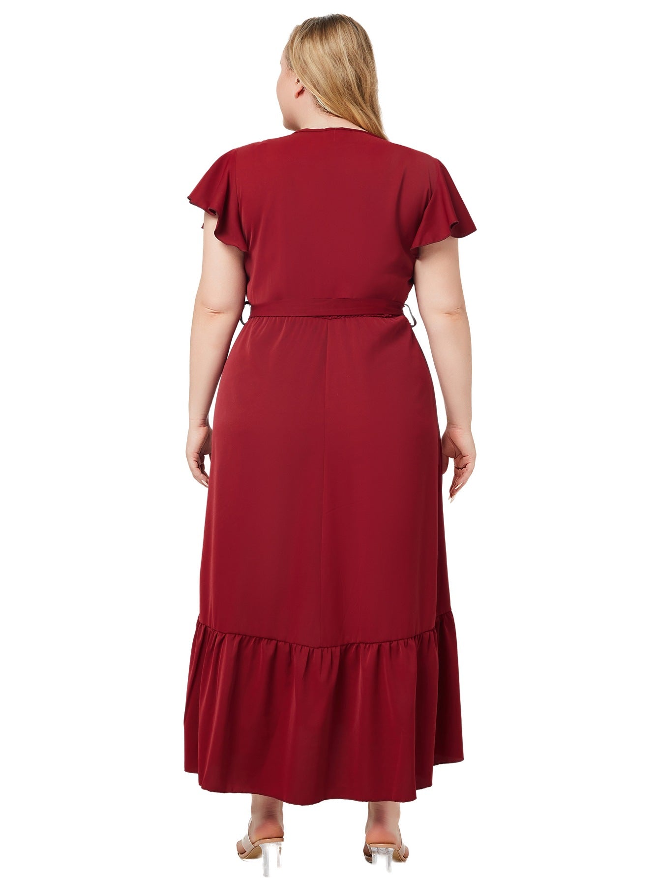 Plus Size Women Summer V Neck Short Sleeve Solid Dress 7