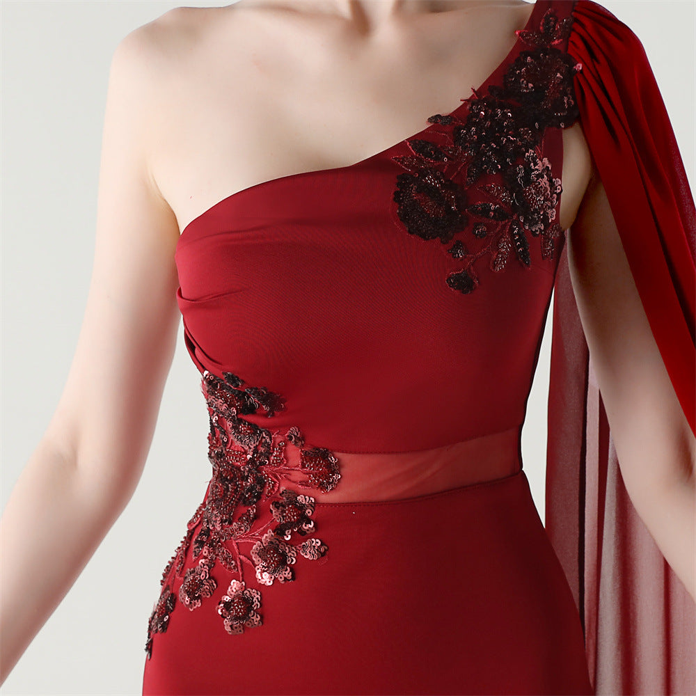 Women Tulle Shawl Beaded Tube Embroidery One Shoulder Evening Dress 51