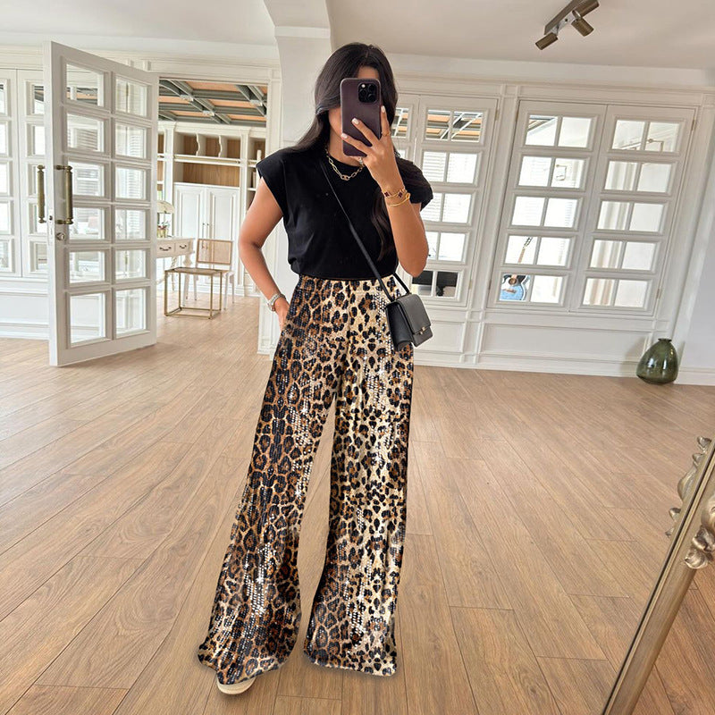 Women Fall/Winter Leopard Sequined Wide-Leg Pants