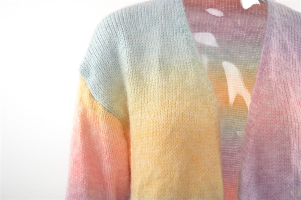 Winter Sweater Rainbow Tie Dye Plus Size Cardigan Women's Knitting Shirt Jacket 14