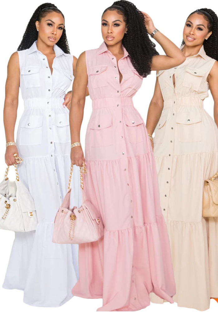 Women's Fashion Sexy Turndown Collar Single-Button Elastic Waist Flared Dress