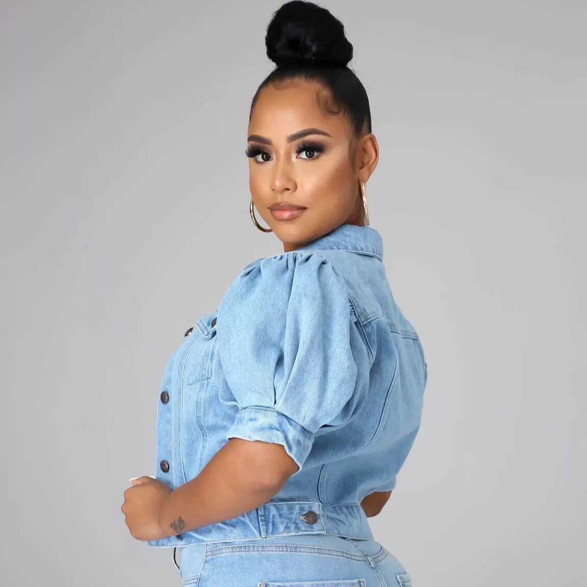 Denim Jacket Puff Sleeves Women's 3/4 Sleeve Coat 6