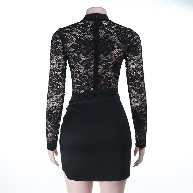 Women Fall Sexy See-Through Cutout Round Neck Long-Sleeved Bodycon Dress 11