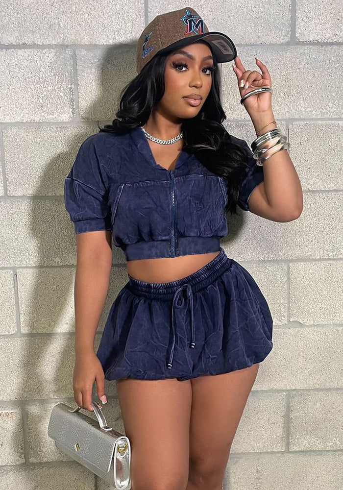 Women Casual Zipper Crop Top and Lantern Skirt Two-Piece Set